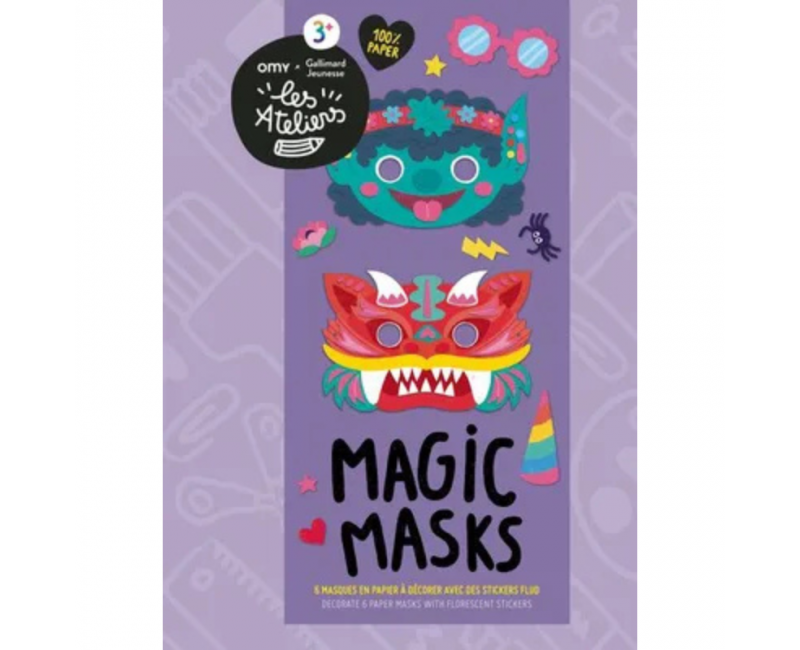 Magic masks 6 masques en papier à décorer avec des stickers fluo