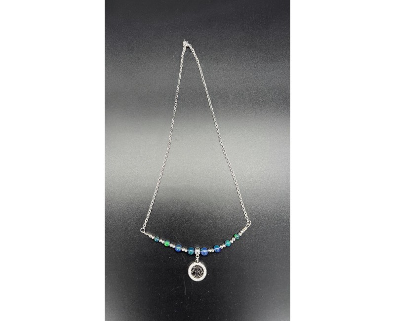 Collier en Acier Inoxydable & Opale Noire d’Australie AAA – Pendentif Arbre de Vie (45 cm)